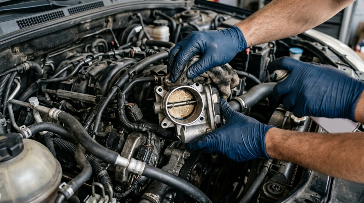 Mechanik čistí škrticí klapku sprejem a hadříkem