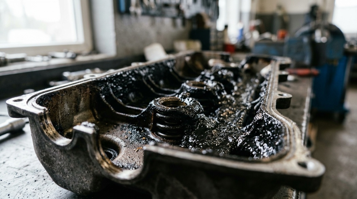 Hustý černý olejový kal pod víkem ventilů zanedbaného motoru