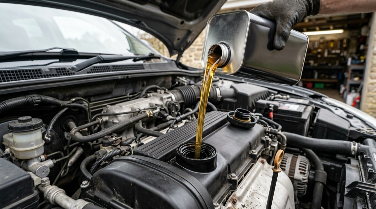Nalévání čerstvého zlatavého oleje do motoru