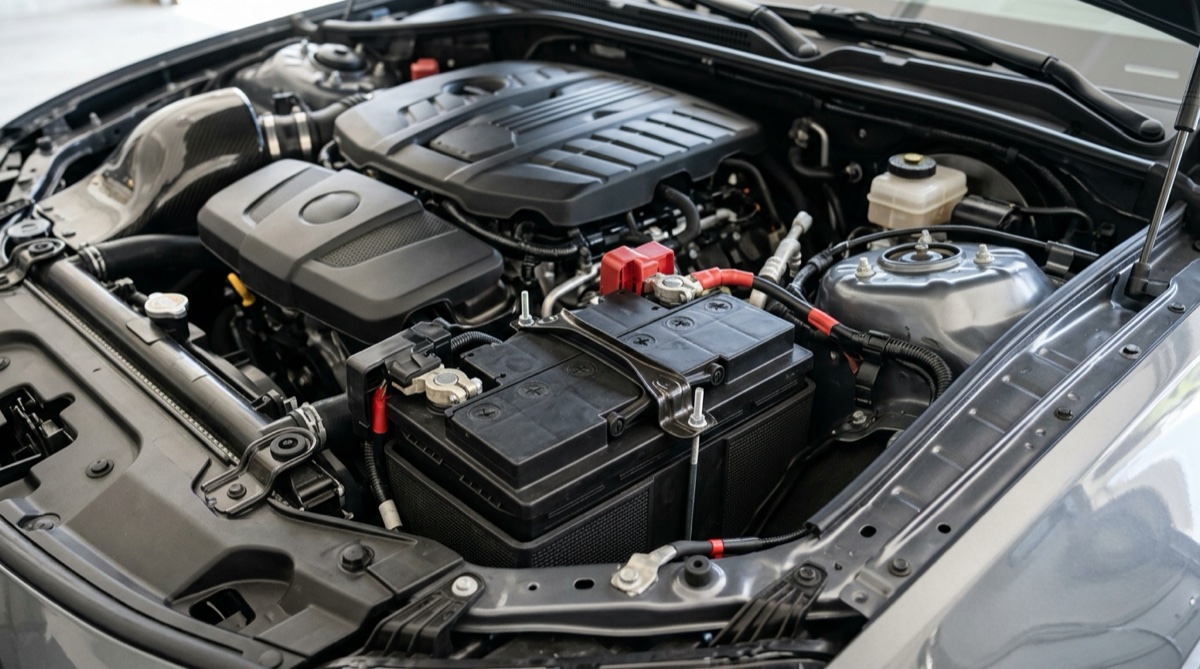 AGM autobaterie v motorovém prostoru moderního auta
