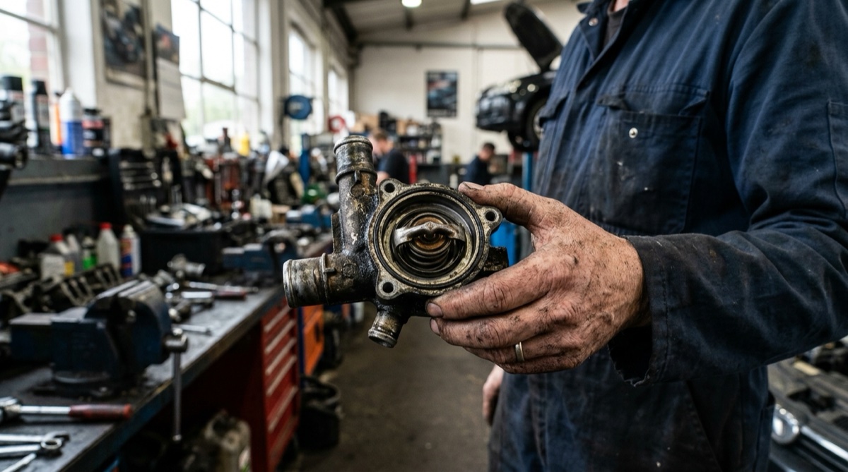 Termostat motoru s pouzdrem v ruce mechanika
